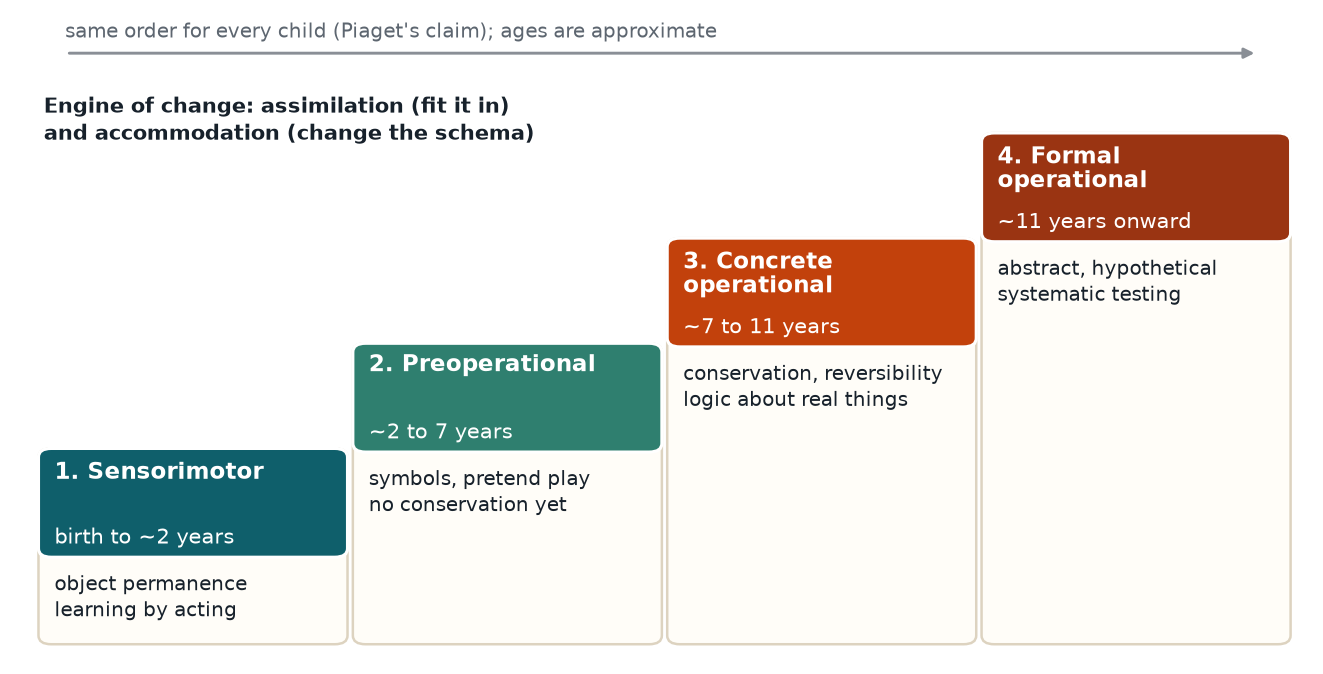 A staircase of Piaget's four stages, each step labeled with its age range and its signature achievement, from object permanence to hypothetical reasoning.