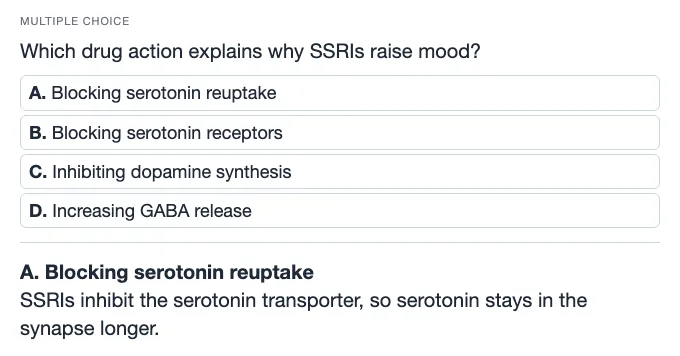 Sample multiple choice card: Which drug action explains why SSRIs raise mood?