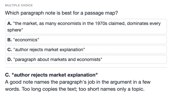 Sample multiple choice card: Which paragraph note is best for a passage map?